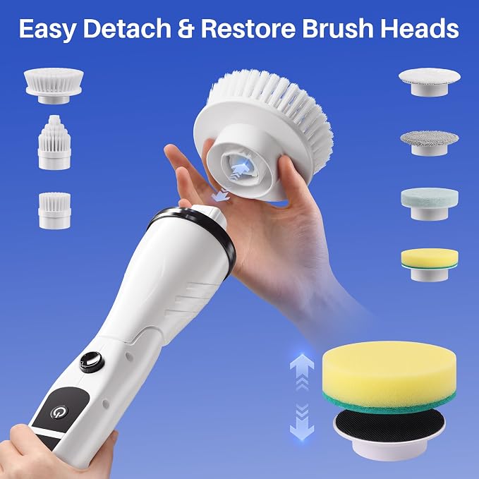 JOYMOOP Electric Spin Scrubber, Cordless Cleaning Brush 450 RPM with 100-Min Runtime, IPX7 Waterproof Power Scrubber with 8 Brush Heads, Adjustable Long Handle for Bathroom, Floor, Tile, Kitchen