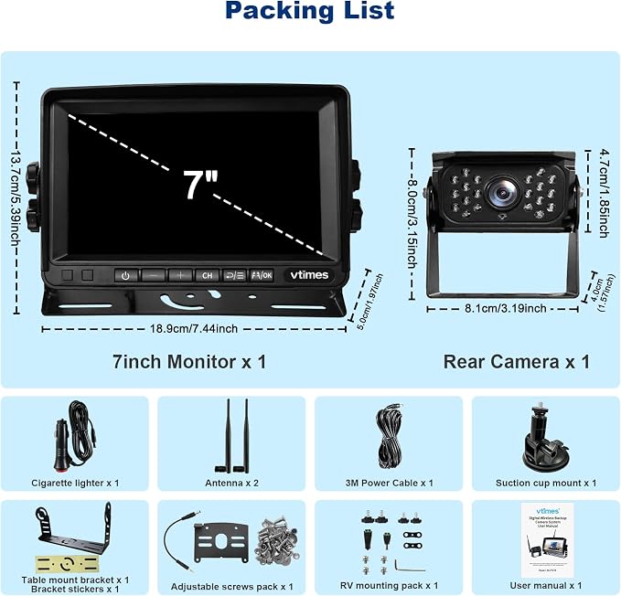 VTimes Wireless Backup Camera for Trucks, RV Backup Camera with 7" HD Monitor, 4 Channels Split Screen, BSD Alert, 984ft Signal Range, IP69K Waterproof IR Night Vision Wide Angle, DIY Guide Lines