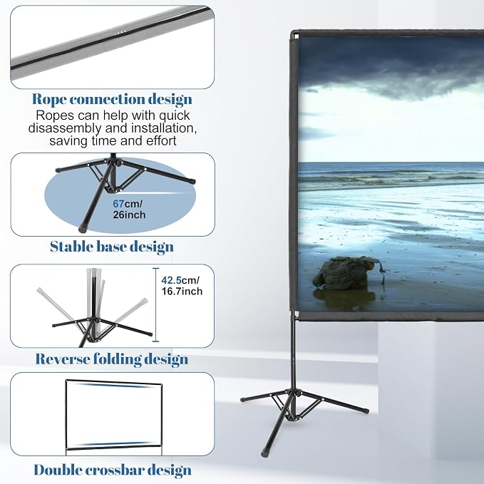 Outdoor Projector Screen with Stand, 120 Inch Portable Projector Screen, Indoor Outdoor Projection Screen 16:9 4K HD Wrinkle-Free Movie Screen with Carry Bag for Backyard Movies Home Theater