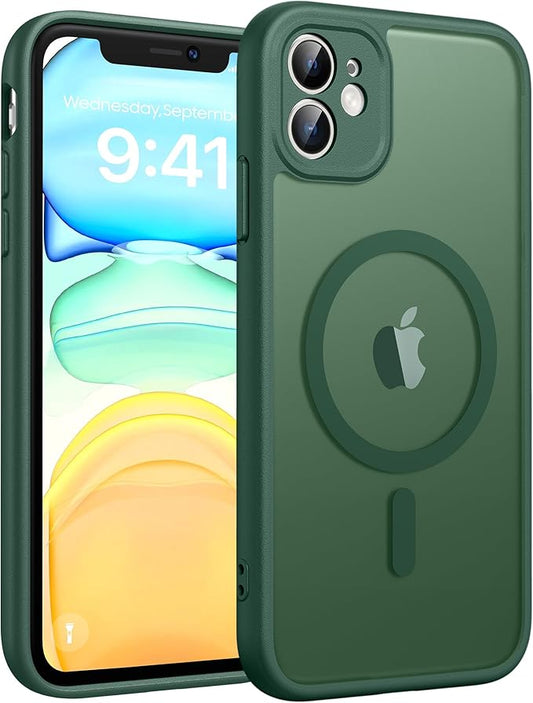 FNTCASE for iPhone 11 Case: [Compatible with Magsafe] Translucent Matte Magnetic Cases [Full Camera Protection] Military Grade Shockproof Protective Phone Cover - Green