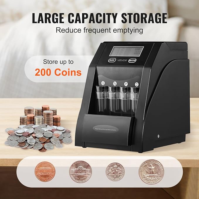 VEVOR USD Coin Sorter, Coin Counter Machine for ¢1 ¢5 ¢10 ¢25 Coins, LCD Screen Display, Coin Sorter and Wrapper Machine with Thicker Coin Tubes and Tray, Holds up to 200 Coins