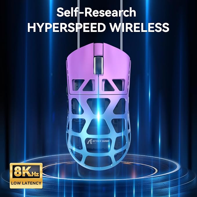 R3 46g Superlight Magnesium Alloy Wireless Gaming Mouse, BT/2.4Ghz/Wired Computer Mouse, 8000Hz Wireless Polling Rate, PAW3395 26K DPI Sensor, Programmable Mice, PC/Laptop/Mac (Purple&Blue)