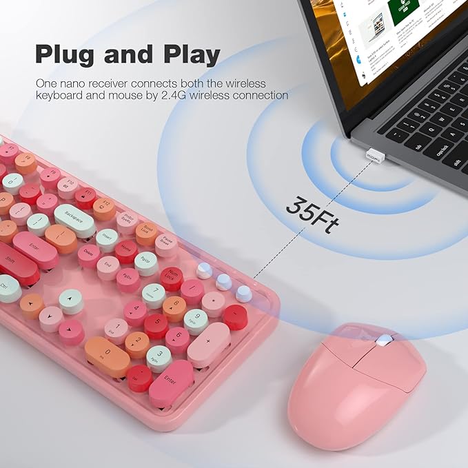 Wireless Keyboard and Mouse Combo - GEEZER Peach Pink Full-Sized Colorful Keyboard 104 Keys - USB 2.4 G Receiver Plug and Play with Round Keycap Typewriter Keyboards, for Windows, PC, Laptop, Desktop