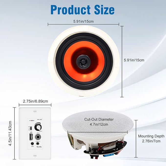 Herdio 4'' Bluetooth in Wall in Ceiling Speakers 480W 2-Way Flush Mount Speakers System with Wall Amplifier Receiver for Home Theater Office (2 Pairs, Paintable-Grille)