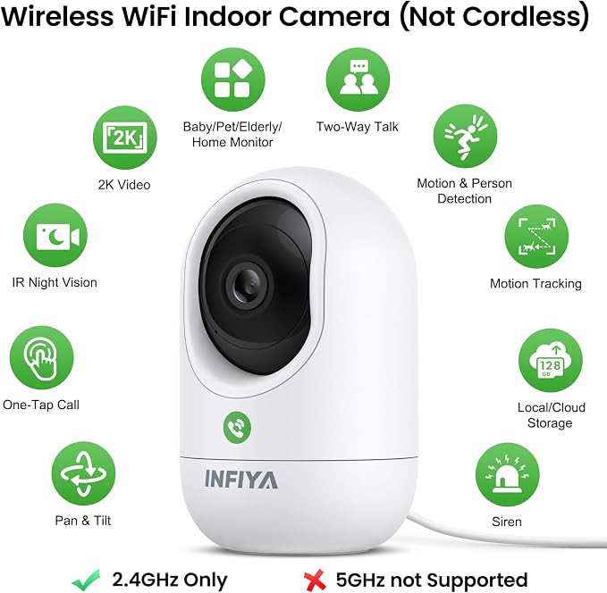 INFIYA 2K Baby Camera-WiFi Home Security Cameras Indoor via One-Tap Call with Elderly/Baby/Nanny, Motion Alert, Local/Optional Cloud Storage, Compatible with Alexa/Google Home, K7 1Pack (2.4GHz Only)