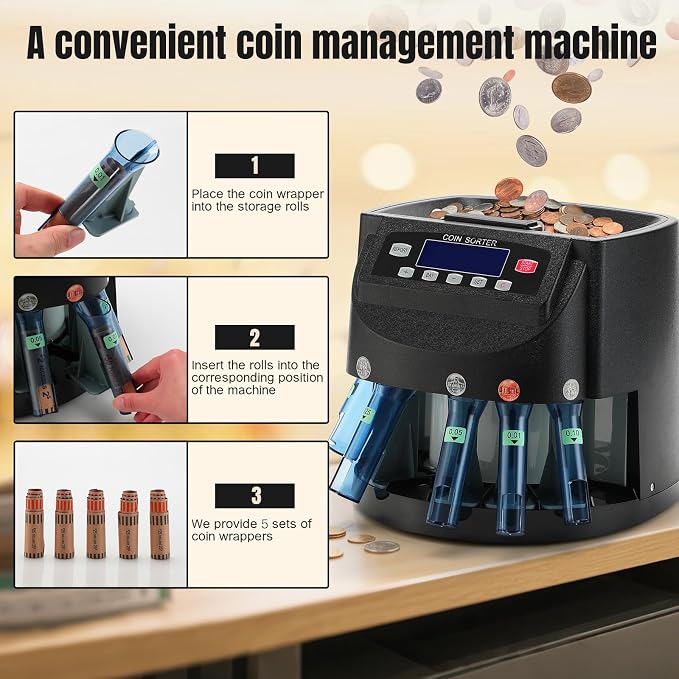 Coin Counter 270 Coins/Min 300-Coin Capacity, USD Coin Sorter and Wrapper Machine with LCD Display, Automatic Change Counter for 1¢ 5¢ 10¢ 25¢ $1, Includes 5 Coin Bins, 5 Tubes & 5 Wrappers