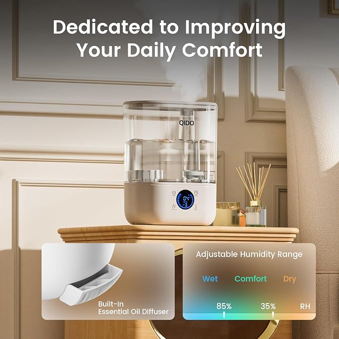 QIDO Top Fill Humidifiers for Bedroom, 5 L Cool Mist 36H Super Long Time, Quiet 28dB Essential Oil Diffuser for Baby & Plants, 3 adjustable Mist with Touch/APP/7-color Nightlight, White