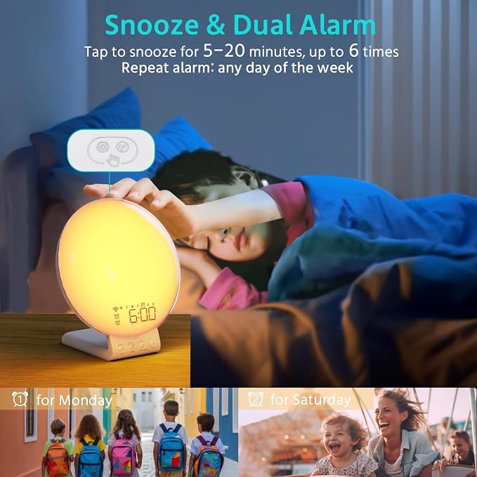 MOMILLA Sunrise Alarm Clock, 3 in 1 Wireless Charging Station, Smart App Control White Noise Sound Machine, Wake up Light, Sunset Night Light Alarm Clocks for Heavy Sleepers Kids