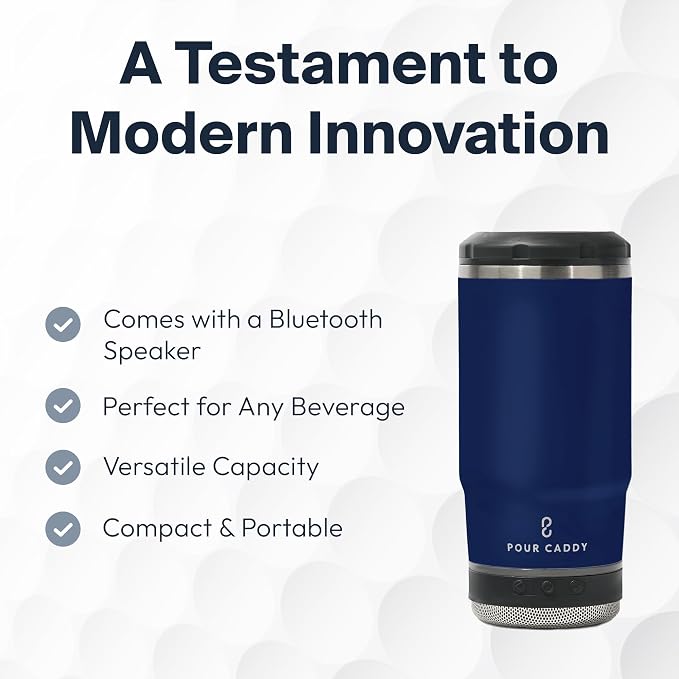 Vibe 4 In 1 Bluetooth Speaker Cup, Insulated Can and Bottle Holder for Hot or Cold Drinks, Double Wall Stainless Steel Drinkware, Fits 12 oz Cans or 14 oz Liquid, Navy Blue