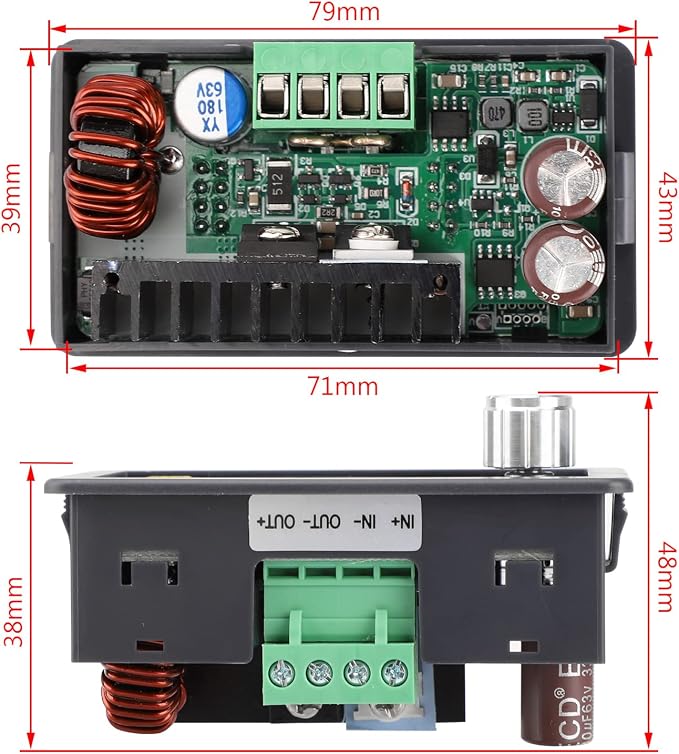 DROK DC Buck Converter Adjustable Color LCD Display, 6-55V to 0-50V 5A Step Down Converter Voltage Regulator Power Supply