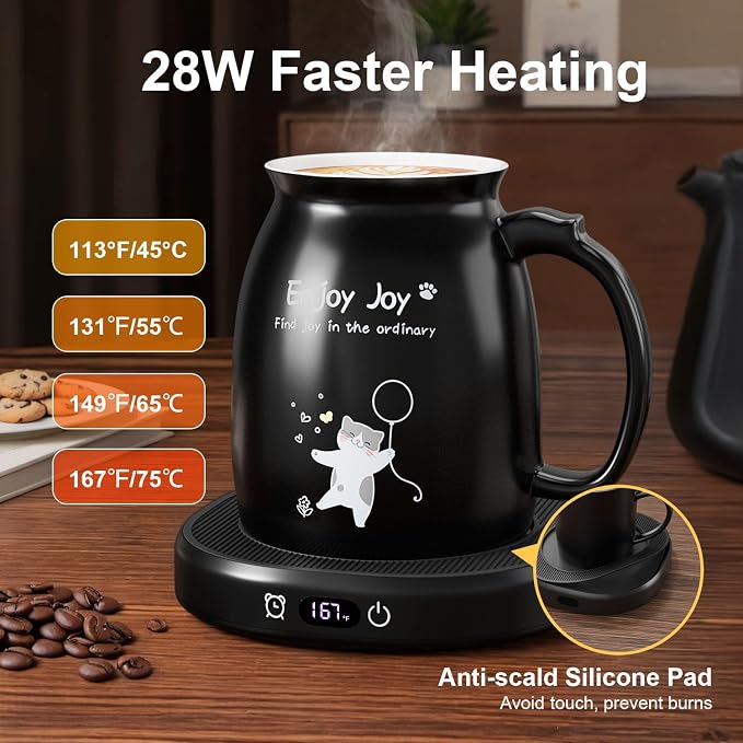 Coffee Mug Warmer with Cute Cat Mug Set, 8 Hour Auto Shut Off Cup Warmer for Desk Office Home, Candle Beverage Electric Coffee Warmer with 4 Temperature Setting, Christmas Birthday Ideas for Women Men