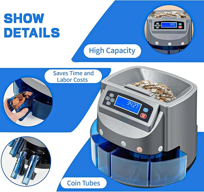 Coin Counter Machine, Coin Sorter Machine with LCD Display, 500 Coins Capacity Automatic Coin Sorter and Wrapper Machine, Change Counter for USD Coin 1￠ 5￠ 10￠ 25￠ $1, Sorts up to 270 Coins/min