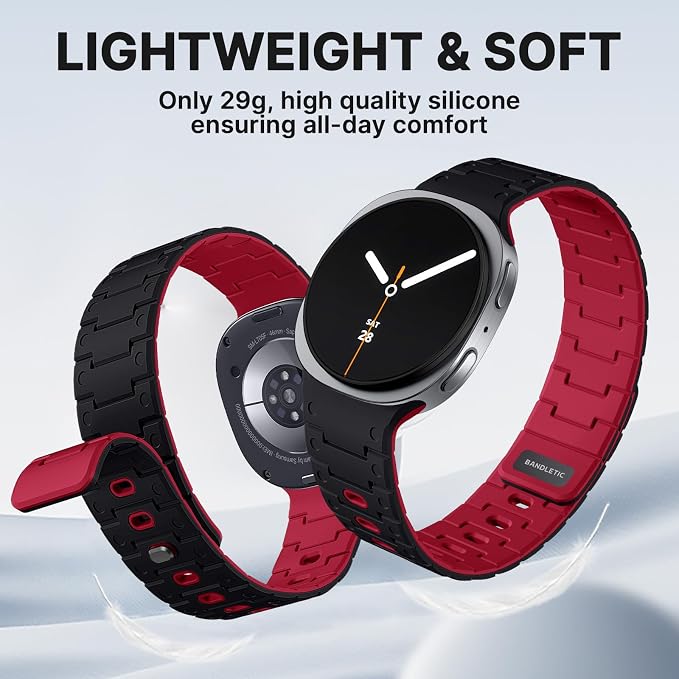 Bandletic Silicone Magnetic Band Compatible with Samsung Galaxy Watch 8 40mm 44mm / 8 Classic 46mm 2025, No Gap Soft Sport Wristbands Breathable Replacement Strap for Men Women, Black/Red