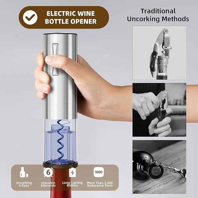 Rechargeable Electric Wine Opener Set, 4-in-1 Father Day Gift for Dad with Automatic Corkscrew, Aerator Pourer, Vacuum Stoppers & Foil Cutter, Ideal for Home Bar, Gifts for Women/Men