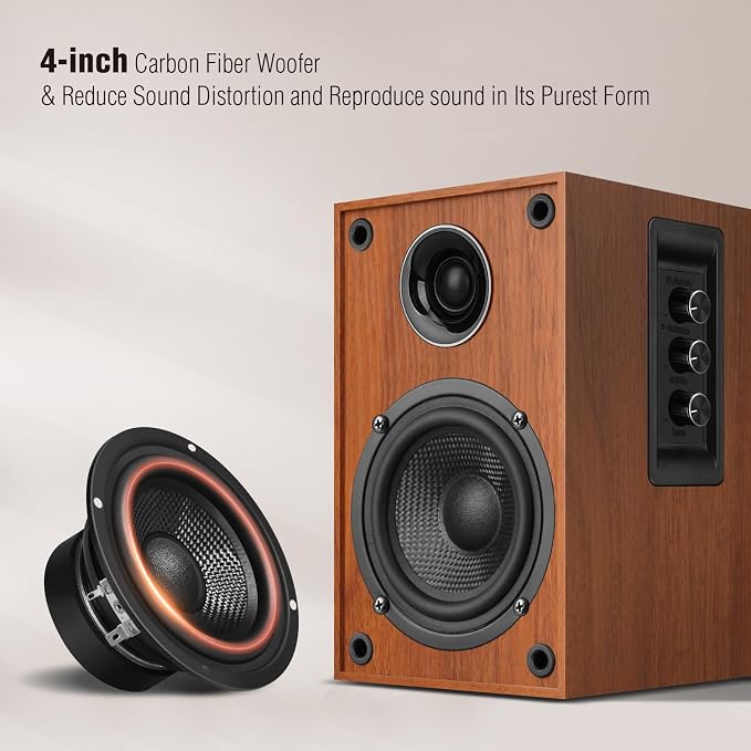 Elimavi Powered Bluetooth 5.3 Bookshelf Speakers - 60W Record Player Speakers with 4" Carbon Fiber Woofer & USB-C/RCA Input, Wooden Monitor Speakers for Turntables, PC, TV, Gaming, Brown