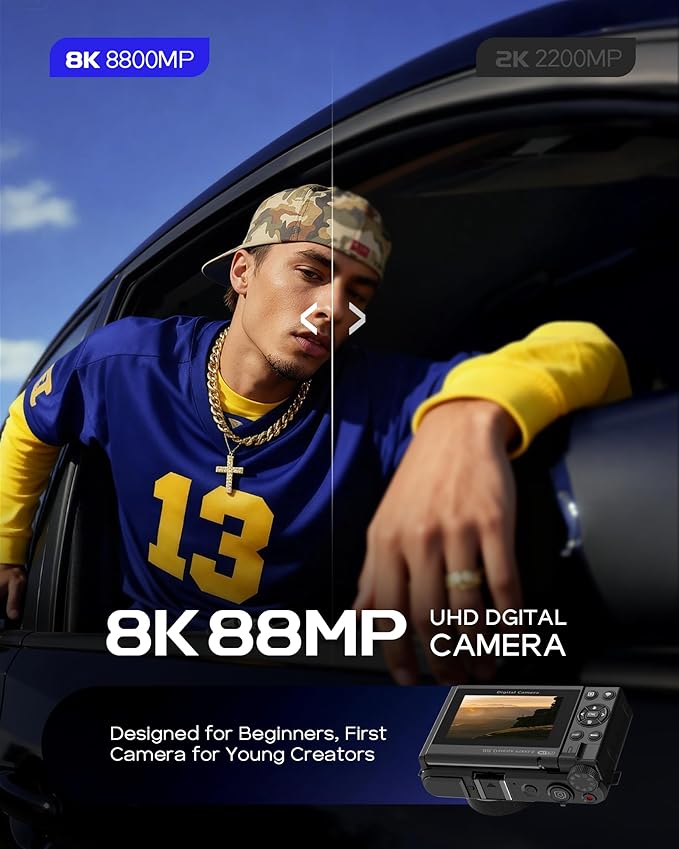 8K Digital Camera for Photography - 88MP Autofocus Vlogging Camera for YouTube with 64GB SD Card, WiFi, 18X Zoom 3" 180° Flip Screen Compact Travel Camera with 2 Batteries for Teens and Beginner