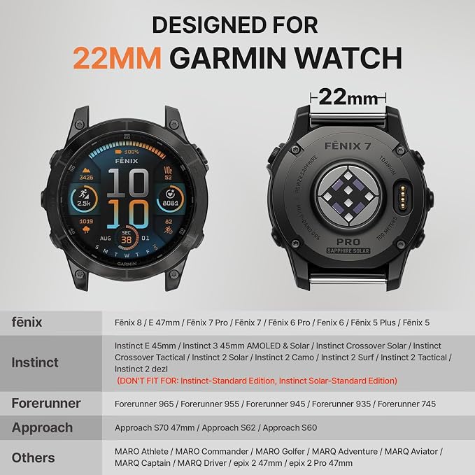 Bandletic Compatible with Garmin Fenix 7 Watch Band-22mm Quick Fit Rugged Durable Strap for Fenix 8 E 47mm/7 6 Pro/5 Plus/Instinct 2 3 E 45mm /Forerunner 965/955/945 /Approach S70/S62/S60/MARQ Gen 2