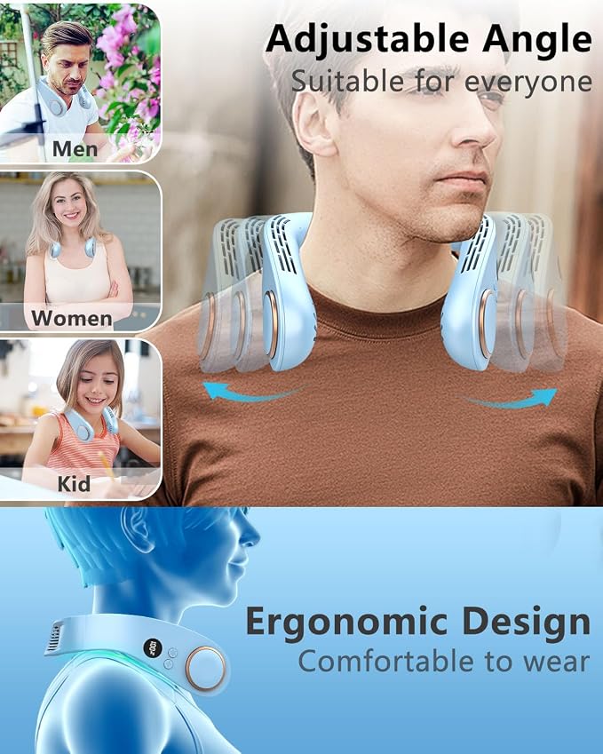 Neck Cooler with Cooling Plate, Around the Neck Hanging Air Conditioner, 5500mAh up to 15H Battery Cooling Device, Quiet Cordless Bladeless Face Fan for Home Office Outside Travel Sports, Light Blue