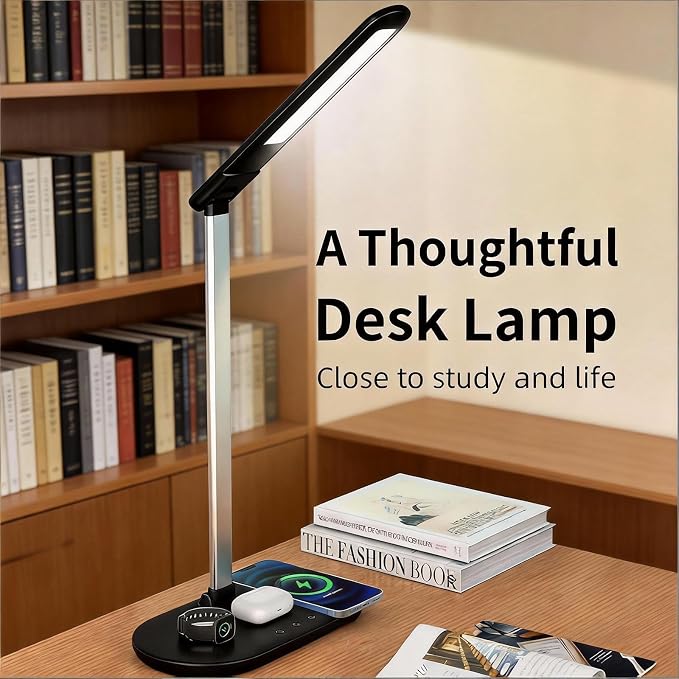 3-in-1 Wireless Charging Desk Lamp for Office&Home-15W Fast Qi Charger for Phone,Watch, AirPods,Adjustable Color&Brightness,Wide Angle Lighting,Touch Control,HYT2096 Black.