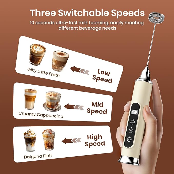 YUSWKO Beige Milk Frother Wand for Coffee with Stand, Handheld Coffee Frother, Rechargeable Drink Mixer, Waterproof Electric Whisk