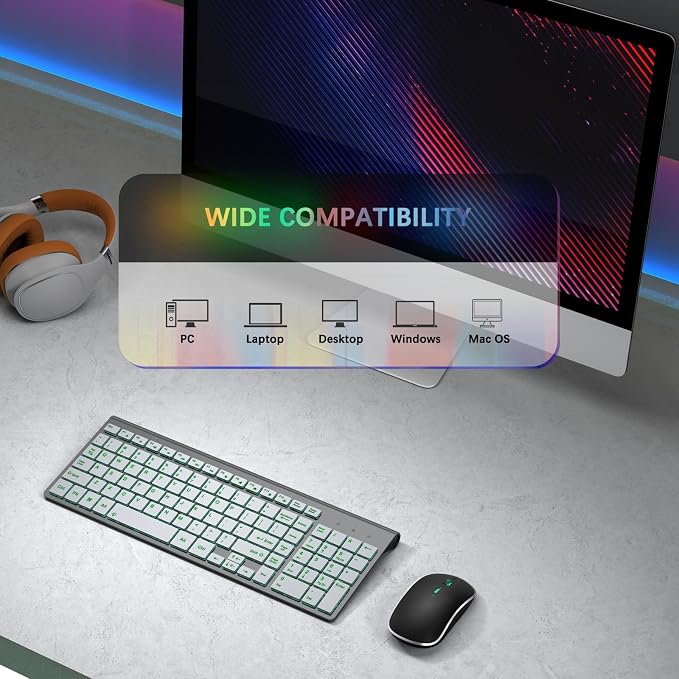 J JOYACCESS Wireless Keyboard and Mouse Combo with 7 Backlit Options,Quiet Light Up Keys,Type-C Rechargeable,Sleep Mode-2.4G Slient Portable Cordless Combo for Laptop/PC/Computer/Mac(Grey+Sliver)