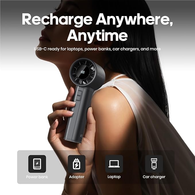 Portable Handheld Turbo Fan, 100 Speeds Adjustable Mini Personal Fan, 4500mAh USB-C Rechargeable Battery Operated, Digital Display, Ultra-Quiet & Durable for Travel, Office, Gym, Outdoor Black