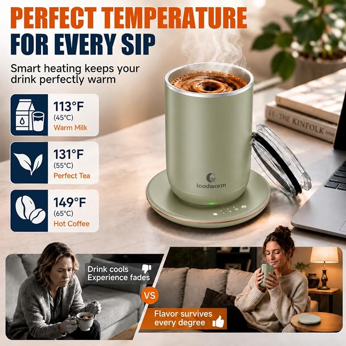 Self Heated Stirring Coffee Mug, 10oz Auto Mixing Cup with Warmer, Green | 3 temp settings, food-grade stainless steel interior, 8-hour auto shut-off, plug-in desk mug with Warmer for office home