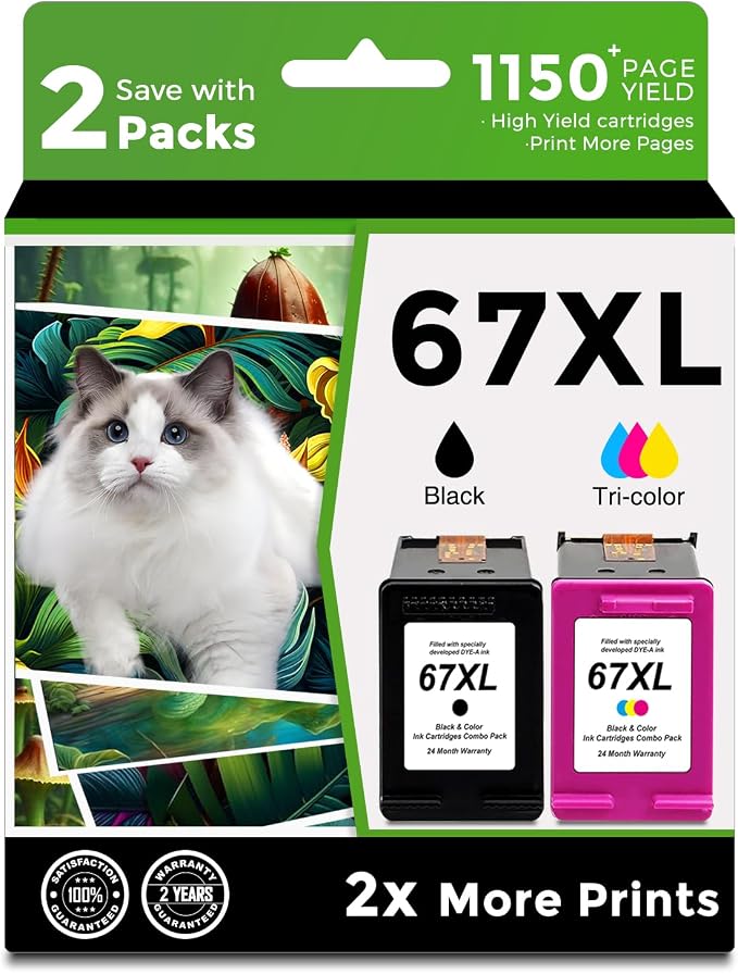 Compatible 67XL Ink Cartridge replacement for HP 67 XL hp67xl Black/Color Combo Pack for DeskJet Envy 2855e 2827e 2755e 6055e 2700 2700e 6000 6000e 4155e 4227e 2734e 6455e 6400 2752e 4100 4100e
