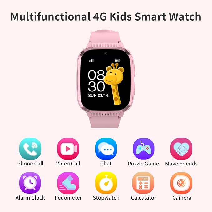 4G Kids Smart Watches Girls with GPS Tracker & Call Phone, Kids Watch for Girls Age 5-12 with SOS Calling, School Mode Parental Controls 12/24 Hr Text Message HD Video Call Voice Chat (Pink)