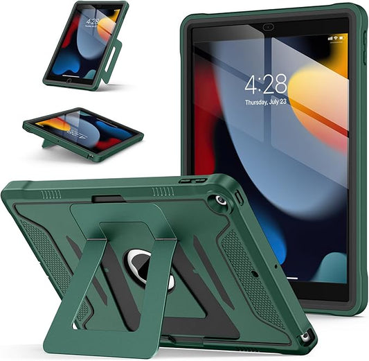 Soke Case for iPad 9th/8th/7th Generation 10.2-Inch (2021/2020/2019 Release), with Screen Protector and Multi-Angle Kickstand, Rugged Full Body Heavy Duty Protective Cover - DarkGreen Black