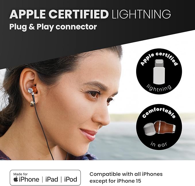 Symphonized iPhone Earphones Wired Deep Bass Sound, 3D Sound, Microphone Volume Control, Noise Isolation, Bubinga Wooden with Lightning (Apple MFI Certified), iPhone SE to 14 Earbuds