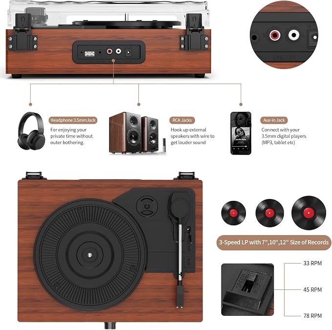Vintage Wooden Record Player with Bluetooth 3-Speed Belt-Driven Turntable Built-in Speakers, Beginner Friendly Retro Phonograph for Home Decor, for Vinyl Enthusiasts (Walnut Finish)