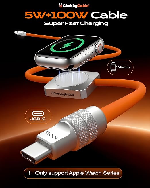 chubbycable Solo-Flex 2-in-1 USB-C Cable with Apple Watch Charger, Built-in 5W Magnetic Charger for Apple Watch, 100W Fast Charging, 4FT Thick Silicone Cable, Orange