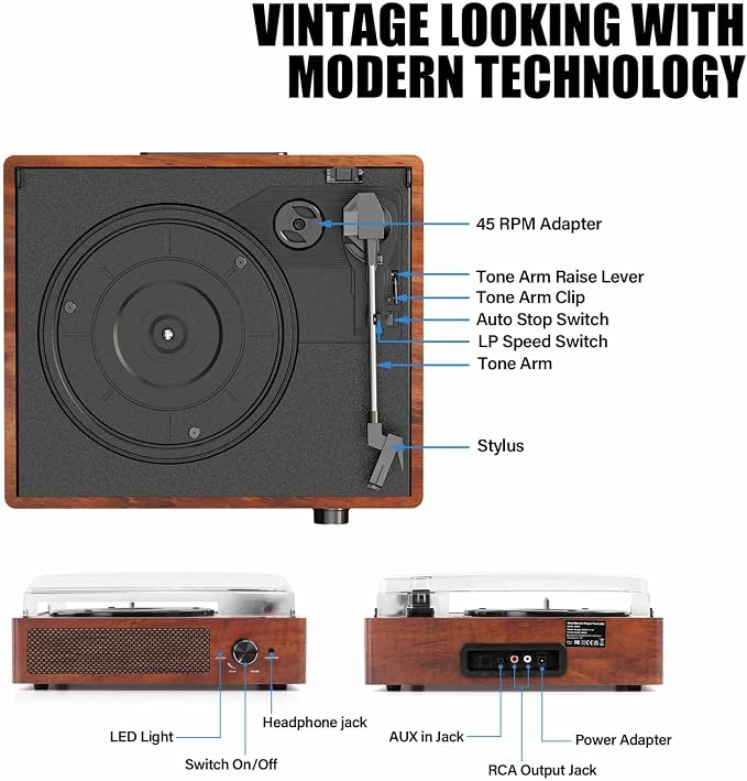 Vinyl Record Player Turntable with Built-in Bluetooth Receiver & 2 Stereo Speakers, 3 Speed 3 Size Portable Retro Record Player for Entertainment and Home Decoration
