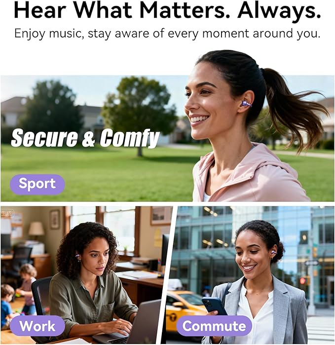 Kinglucky Upgraded Clip-On Earbuds Comfortable fit & Crystal-clear Sound, 40H Playtime Open Ear Buds Bluetooth 6.0 Wireless Headphones for Women Ideal for Small Ears, Sports & Workouts, Glasses Purple