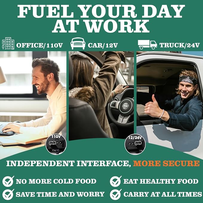 Buddew Electric Heated Lunch Box, 80W Fast Heating, 1.5L Food-Grade 304 Stainless Steel, 12V/24V/110V Portable Food Warmer for Car Truck Office Adults, Lonchera Electrica Portatil (Dark Green)