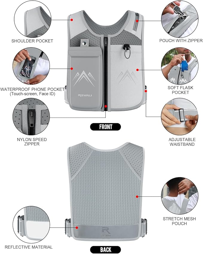 REVALI Running Vest, USA Original Patent, Zip Reflective Running Vests with 500ml Hydration Bottle, Adjustable Waistband & Breathable Material, Chest Pack Gear Phone Holder for Men & Women