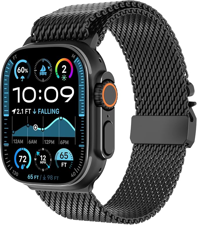 FULLIFE Milanese Mesh Loop for Apple Watch Band Apple Watch Ultra 3/2/1 Band 49mm 46mm 45mm 44mm Men Women, Stainless Steel Metal Band Parachute-style Buckle for iWatch Series 11 10 9 8 7 6 SE3 5 4 3