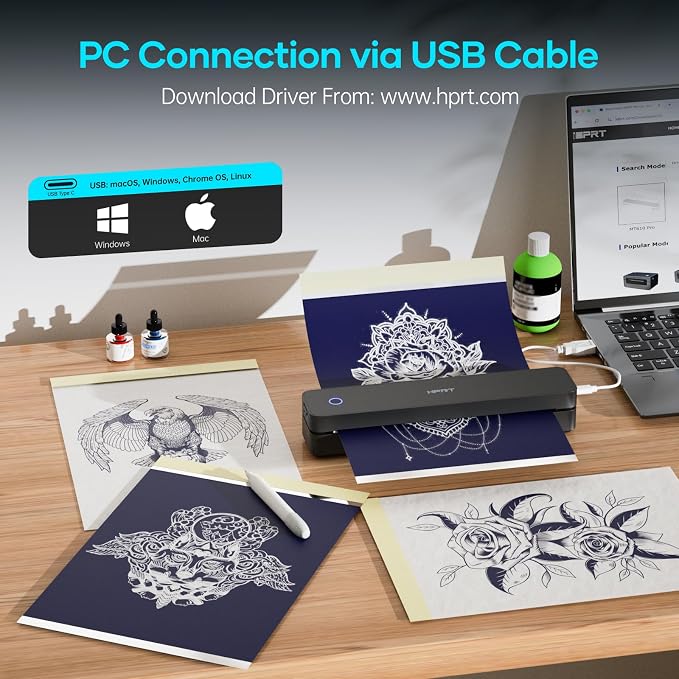 PRT Tattoo Stencil Printer Wireless with 10pcs Transfer Paper, Portable Thermal Tattoo Printers for Tattoo Artists & Beginners, Compatible with Phone& Tablet& PC, Black