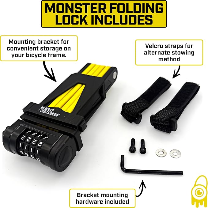 Monster Folding Bike Lock – Heavy-Duty Anti-Theft Hardened Steel, Rust-Proof, Foldable Compact High-Security Lock for Bicycle, Scooter & Motorcycle (Yellow Combo)