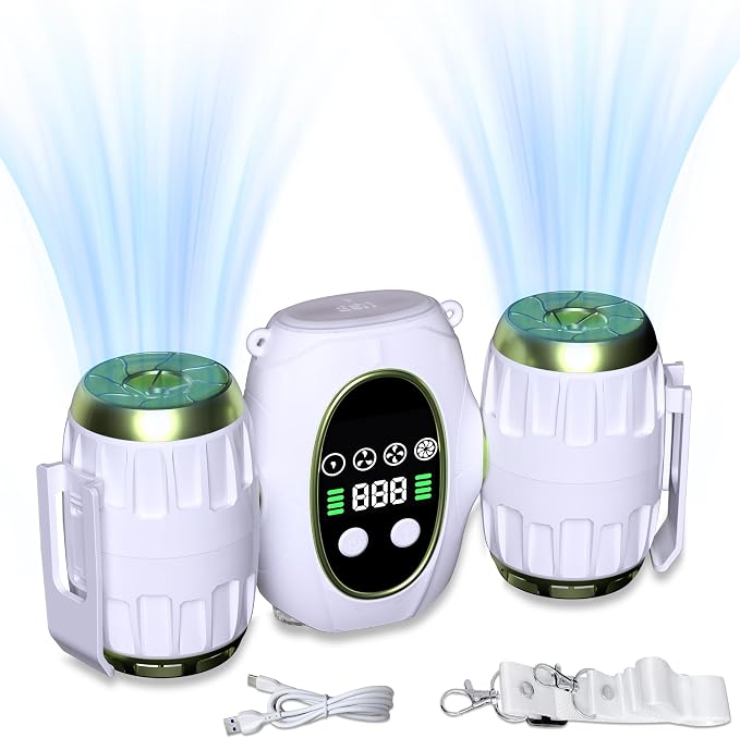 Portable Waist Fan, Shirt Fan with Light, 2025 Upgrade Cool Clip Rechargeable,8000mAh Power Bank,4 Speeds 12000RPM Strong Airflow for Camping Travel Fishing Hiking Cycling (Green White)