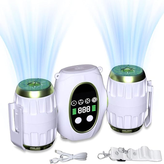 Portable Waist Fan, Shirt Fan with Light, 2025 Upgrade Cool Clip Rechargeable,8000mAh Power Bank,4 Speeds 12000RPM Strong Airflow for Camping Travel Fishing Hiking Cycling (Green White)