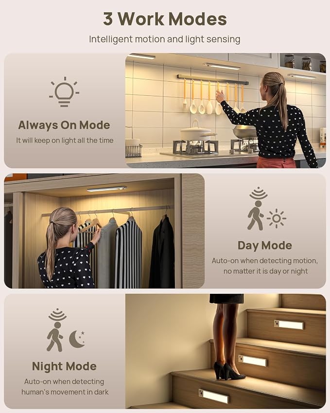Under Cabinet Lights with Remote Control, USB Rechargeable Battery 180 Lumen Motion Sensor Indoor Light,3 Pack Wireless Under Counter Light,3 Color Dimmable Closet Lighting for Kitchen,Stairs,Wardrobe