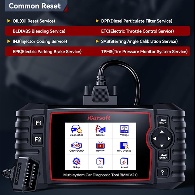 iCarsoft OBD2 Scanner Diagnostic Tool for BMW/VW/Audi, BMM V2.0 (Enhanced Ver) All System 9 Maintenance Resets Battery Registration/Battery Test Code Reader Auto VIN -16PIN OBDII Adapter