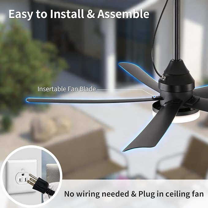 AHAWILL Outdoor Ceiling Fan with Light,42" Gazebo Fan,3CCT Dimmable,Waterproof Plug in Ceiling Fan,Outdoor ceiling Fans for Patios,Porch,Gazebo.Black
