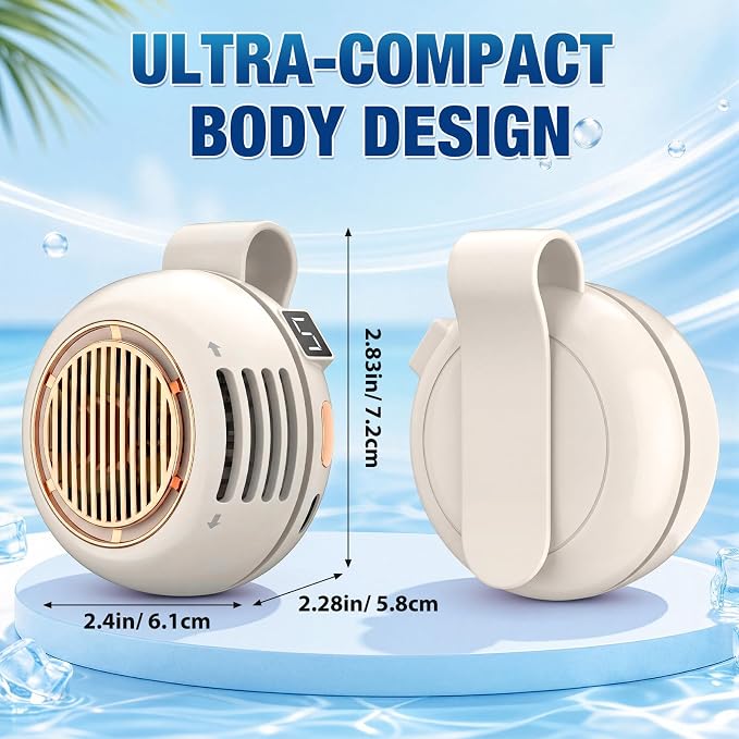 2 Pack Portable Silent Mini Bladeless Fan Clip On 5 Adjustable Speeds Digital Display 360° Rotatable USB Rechargeable Electric Small Fan for Shirt Waist Outdoor Travel(Beige)