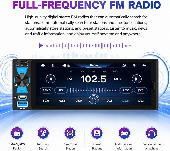 Single Din Car Stereo, 6.5 Inch in-Cell Touch Screen, Wireless Apple CarPlay Android Auto, Bluetooth 5.2, 180W Amplifier, Car Radio, Dual USB + Type-C, Backup Camera, Universal Fit for One Din Cars
