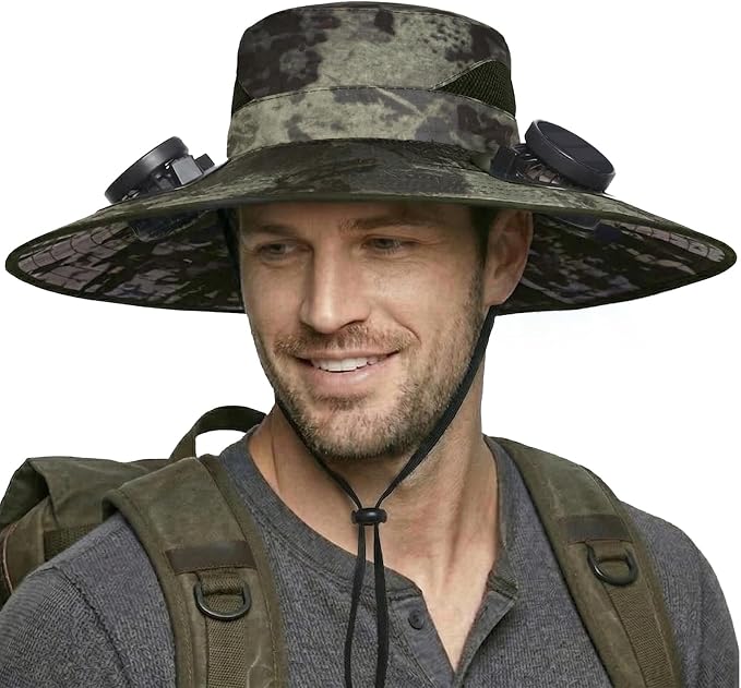 Solar Fan Hat, Wide Brim Sun Hat with 2 Built-in Solar Fans, UPF 50+ Sun Protection Outdoor Fishing Hiking Camping Beach