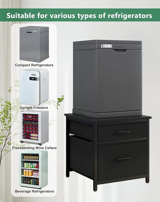YMYNY Mini Fridge Stand with Storage, Mini Fridge Cabinet with Fabric drawers, 250lbs Heavy-Duty Compact Refrigerator Table, Coffee Bar Shelf, for Home, Office, Bedroom, Black HBR008B
