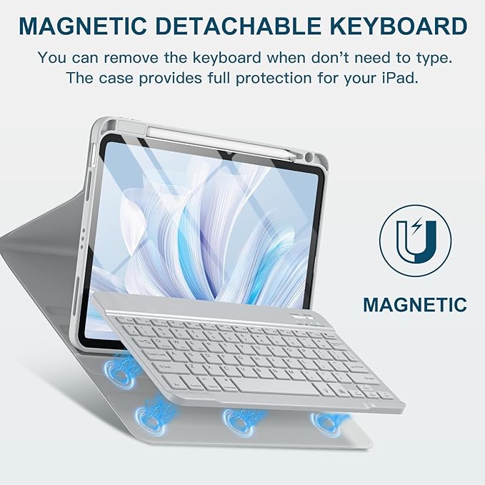 Harvopu Compatible for iPad Air 11-inch/Air 5th 4th Generation Case with Keyboard - Backlit Detachable, Folio Cover with Pencil Holder for iPad Air 11 Inch M4/M3/M2, Air 5/ Air 4 (Boho Off-White)